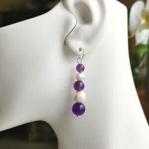 Amethyst White Freshwater Pearl Dangle  Earrings